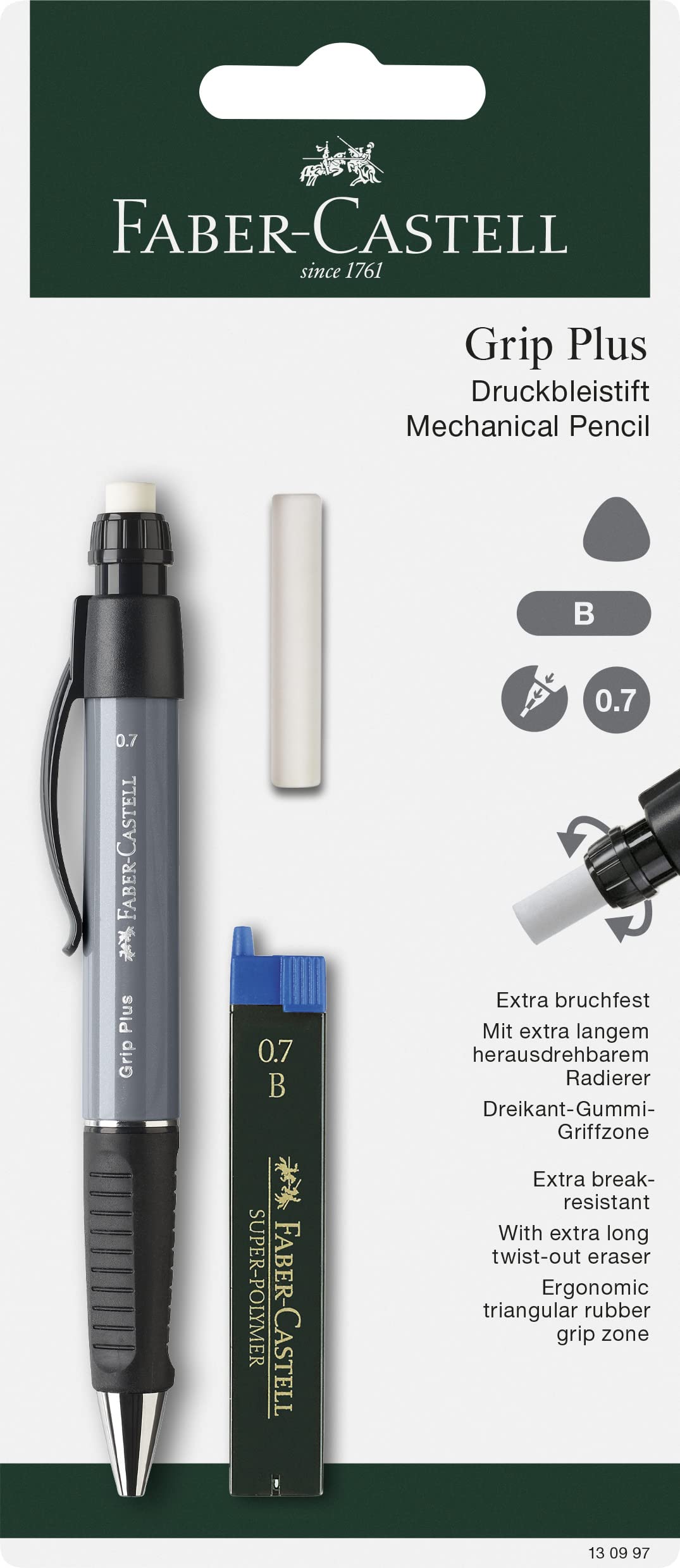 Faber-Castell 130997 Grip Plus Blister Mechanical Pencil, Assorted Colours, 0.7 mm + B Lead + Eraser - Image 3