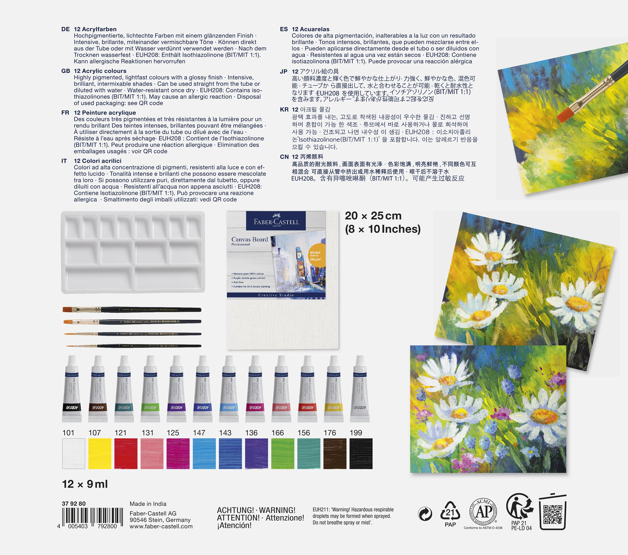 Faber-Castell 379280 Acrylic Paint Set 18 Pieces with 12 Acrylic Paints, Canvas 20 x 25 cm, Mixing Palette and 4 Brushes - Image 3