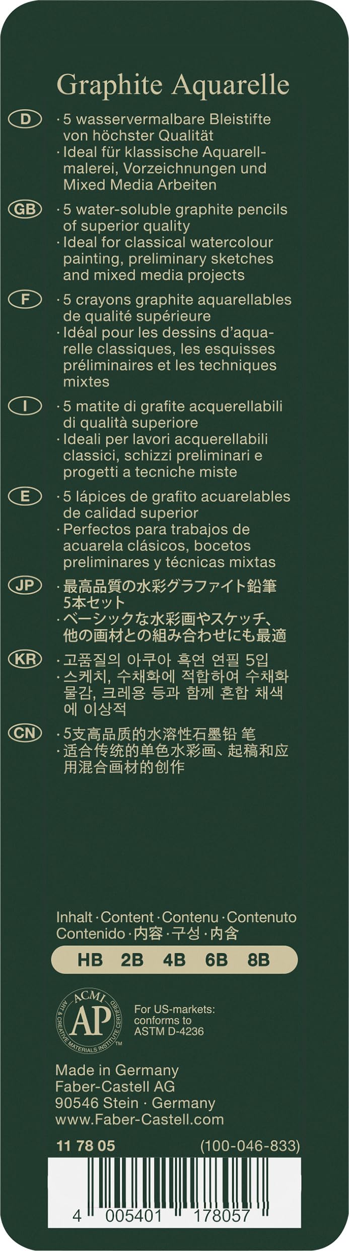 Faber-Castell 5 Piece Quality Water-Soluble Graphite Aquarelle Pencils in a Tin, Including HB, 2B, 4B, 6B and 8B, Grey - Image 3