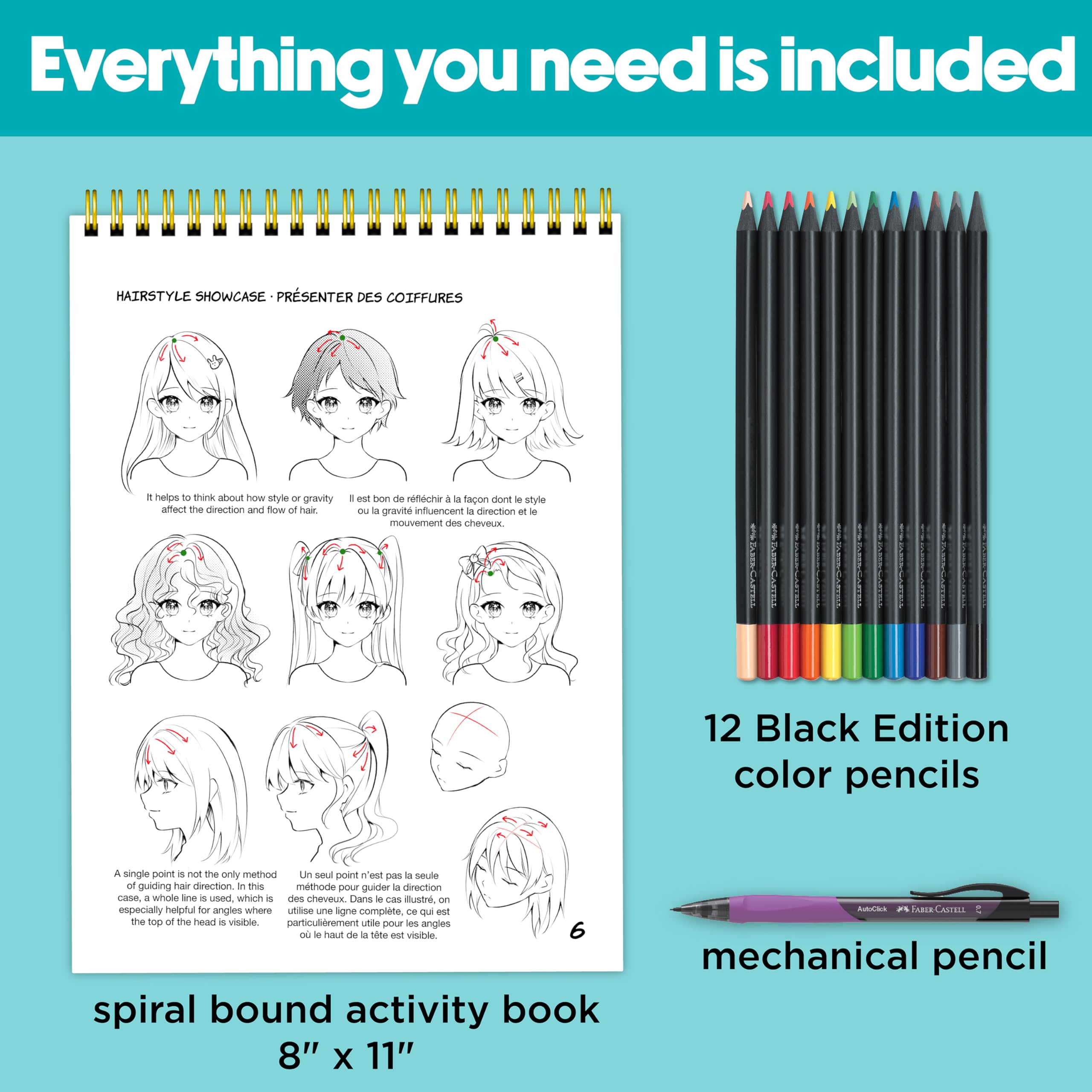 Faber-Castell Anime Drawing Kit: Shojo Edition | Step-by-Step Instruction Book with 20 Practice Pages, Color Pencil Set & Drawing Supplies for Kids, Spring Craft Activities (1 Book) - Image 3