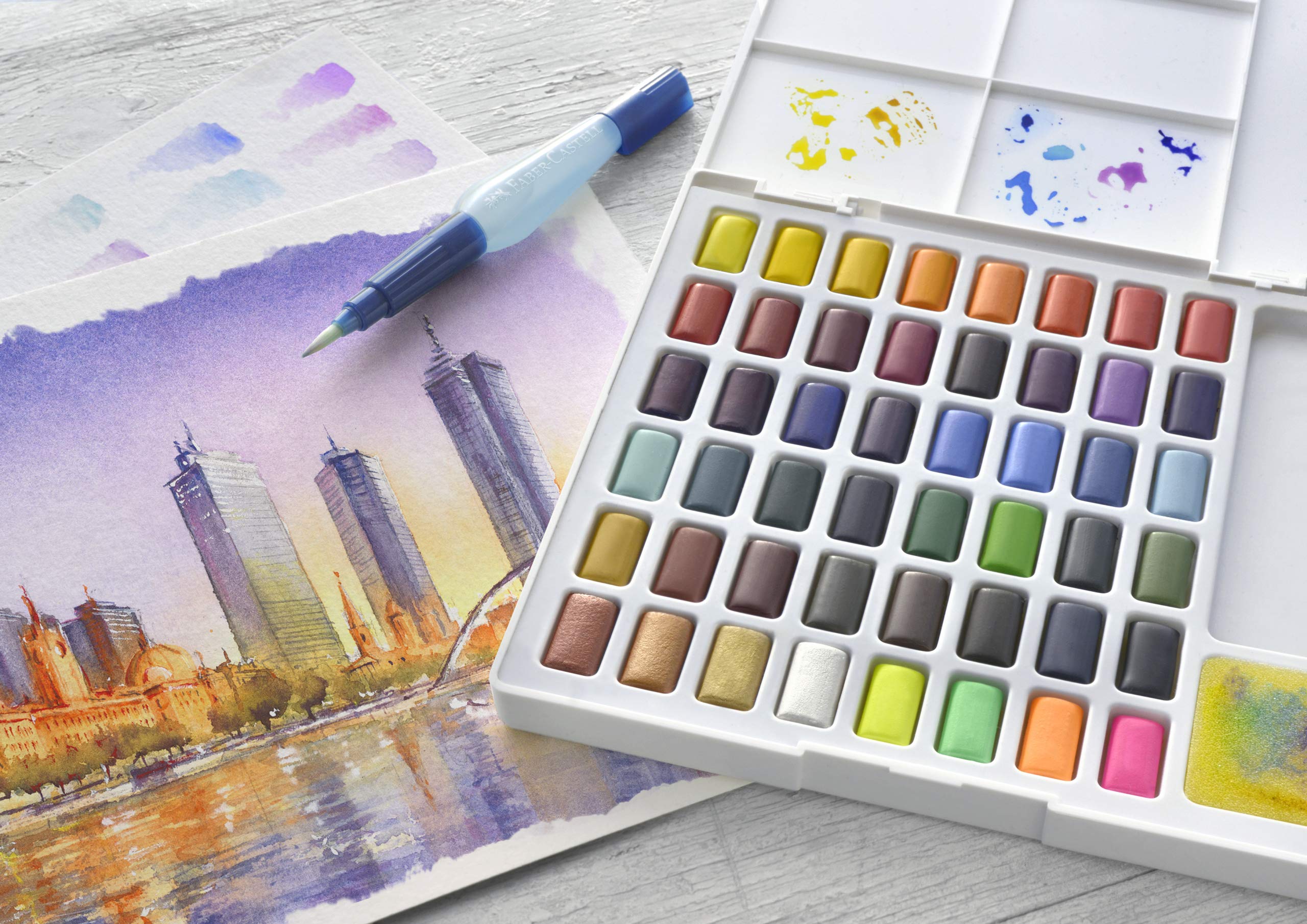 Faber-Castell Creative Studio Portable Watercolor Palette - 24 Water Colors In Half Pans with Travel Watercolor Brush, 24 Colors - Image 5