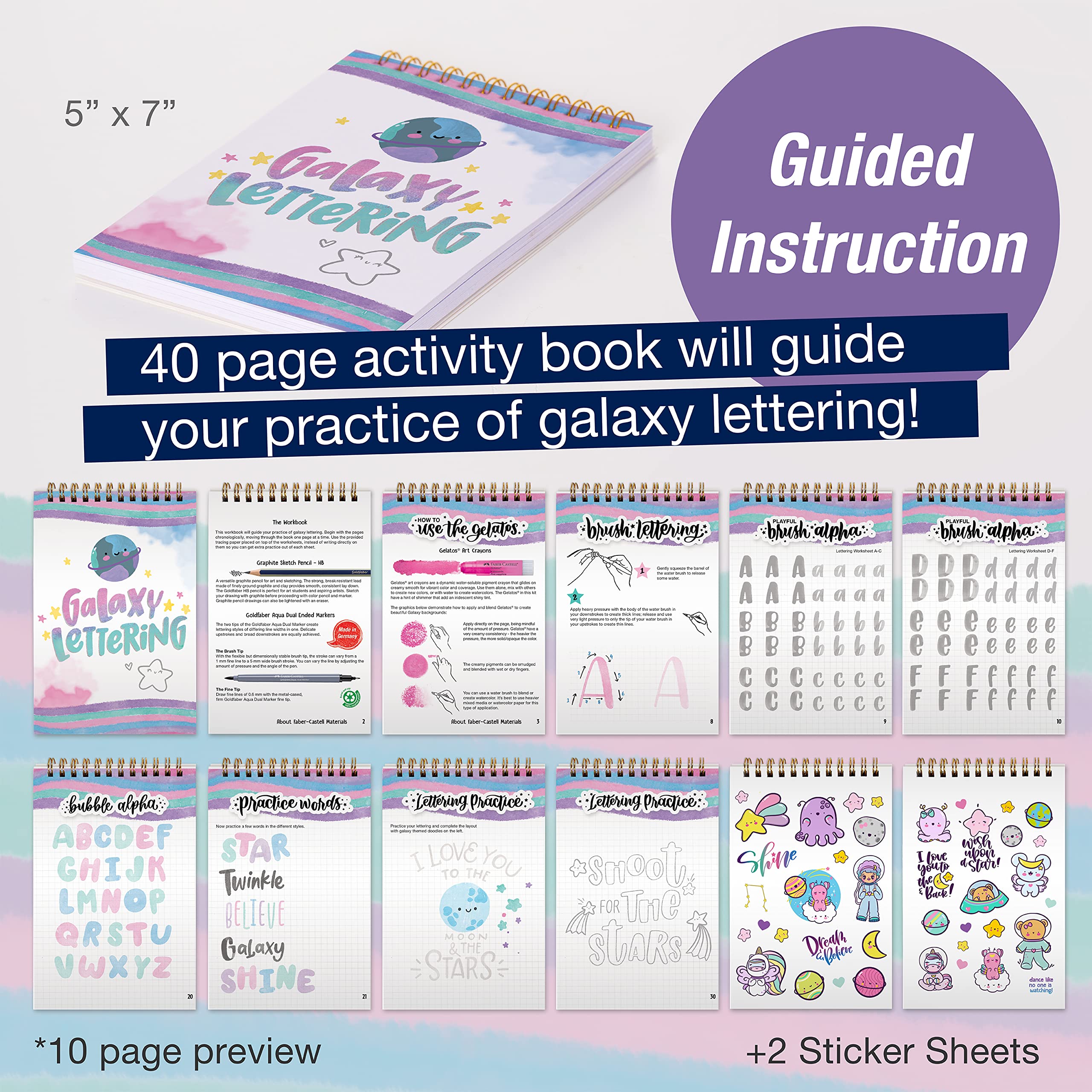 Faber-Castell Galaxy Lettering - Hand Lettering Kit for Teens and Adult Beginners, DIY Kit with 40 Page Activity Book and Art Supplies - Image 4