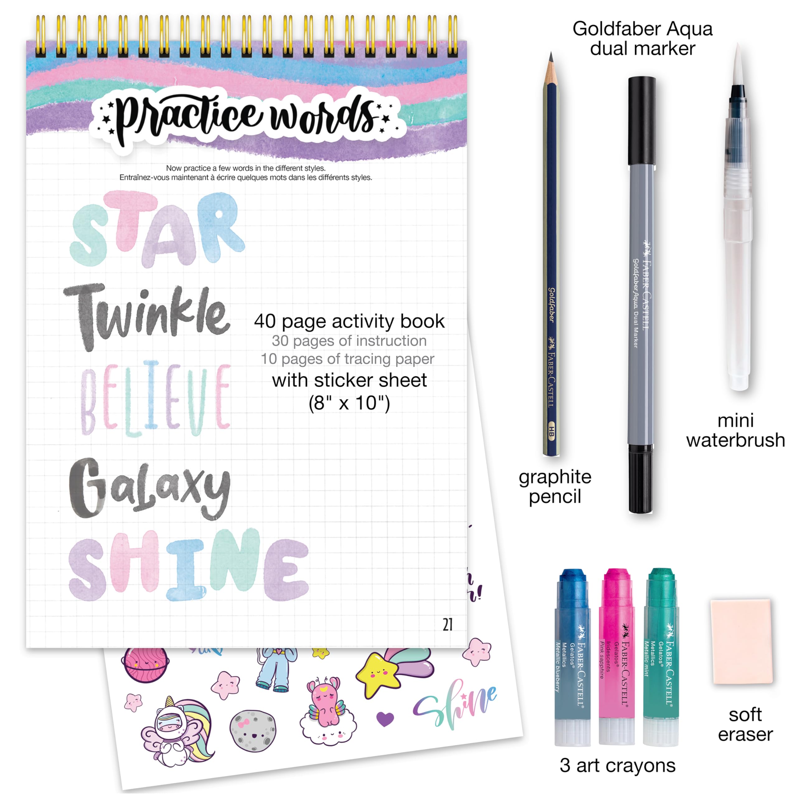 Faber-Castell Learn Galaxy Lettering: 40+ Page Calligraphy Practice Book with Art Crayons, Water Brush & More, Screen-Free Art Gift for Kids, Tweens & Beginners (Ages 8+) - Image 3