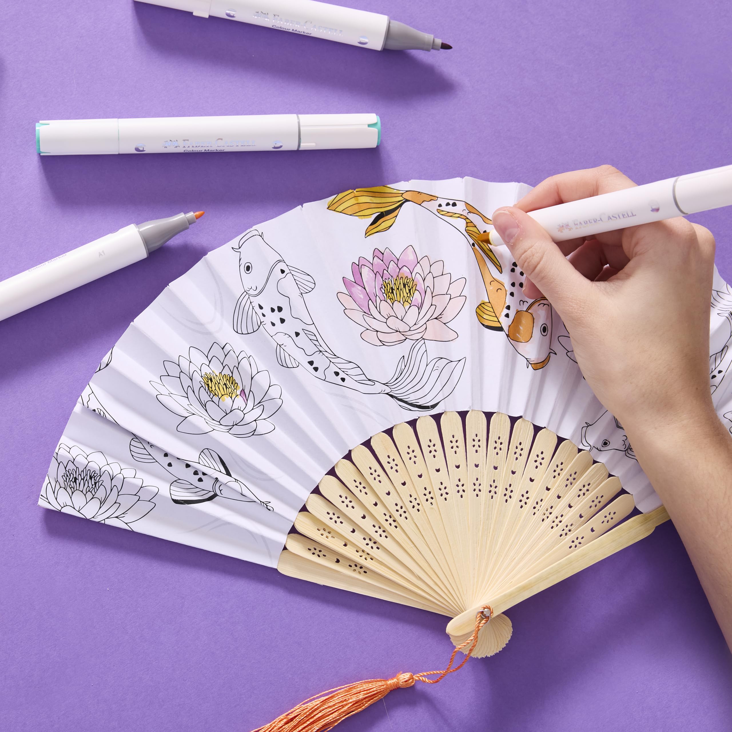 Faber-Castell Paper Fan Coloring Kit: Cherry Blossom | Folding Fans with Dual-Tip Markers & Pre-Printed Designs | Relaxing DIY Craft, Kids Activities and Spring Crafts (2 Fans, 6 Markers) - Image 3