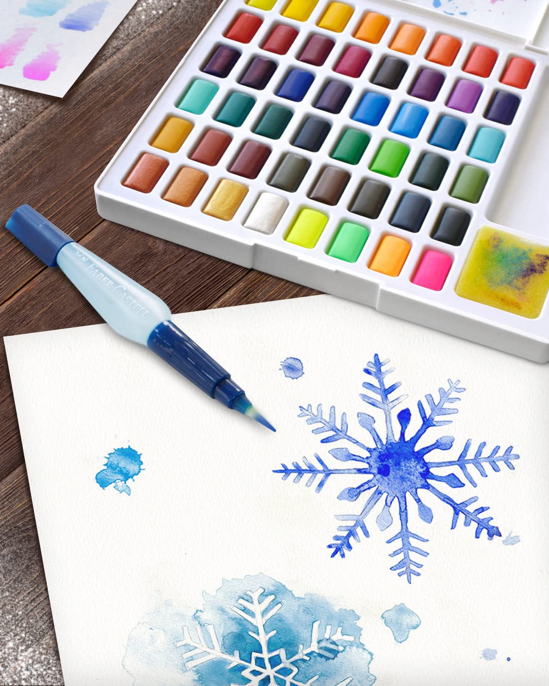 Faber-Castell Portable Watercolor Palette Paint Set - 48 Water Colors in Half Pans with Mixing Palette and Painting Accessories (Travel Watercolor Brush and Sponge) - Image 5