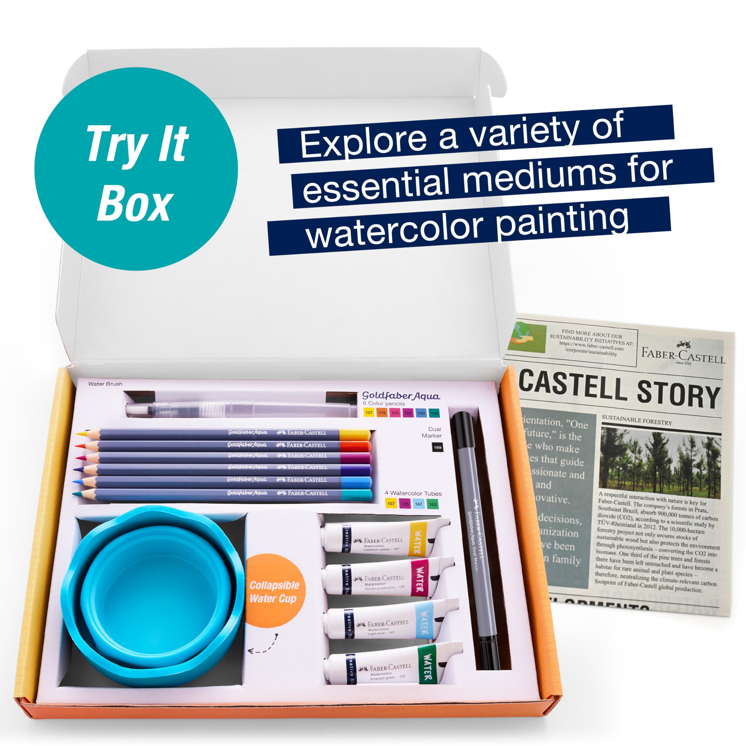 Faber-Castell Try It Box: Wet Mediums, 13 Piece Watercolor Art Set including Watercolor Pencils & Paint, Water Brush Pen and Paint Water Cup - Image 3